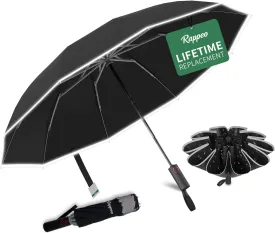 10-Rib Windproof Travel Umbrella,Automatic Folding Umbrella for Rain,Reverse Umbrella with Anti-rebound Protection,Reflective Safety Strips,Waterproof&Sun Protection,Lightweight Portable for Men/Women
