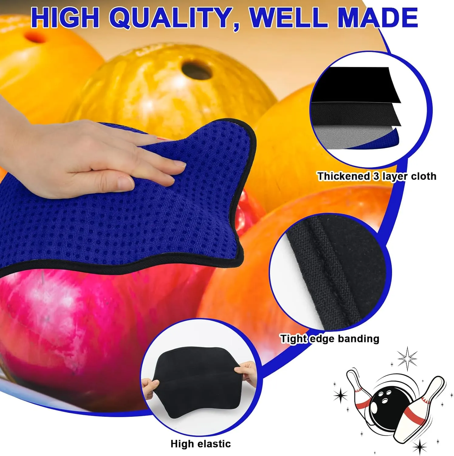 3 Pack Bowling Ball Towels, 10" x 8" Microfiber Bowling Shammy Accessories with Easy-Grip Dots Non-Slip (Blue)