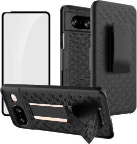 Ailiber for Google Pixel 8 Case, Pixel 8 5G Phone Case Holster with Screen Protector Tempered Glass, Swivel Belt Clip, Kickstand Holder, Slim Shockproof Shell Full Body Phone Cover for Google 8-Black