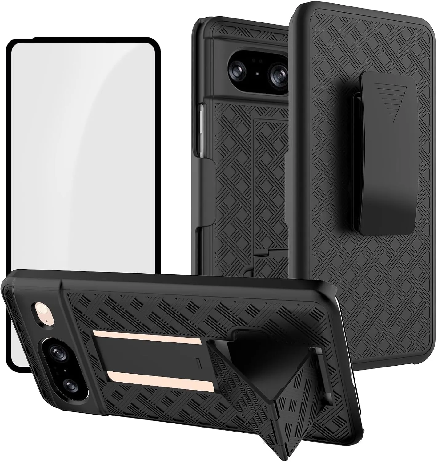 Ailiber for Google Pixel 8 Case, Pixel 8 5G Phone Case Holster with Screen Protector Tempered Glass, Swivel Belt Clip, Kickstand Holder, Slim Shockproof Shell Full Body Phone Cover for Google 8-Black
