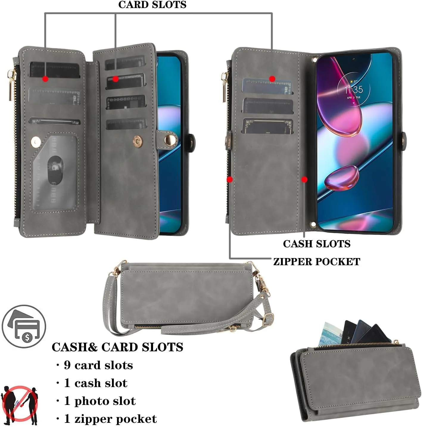 Asuwish Phone Case for Motorola Edge  Plus 2022/Edge X30/30 Pro Zipper Wallet Cell Cover with Tempered Glass Screen Protector Crossbody Strap Flip Credit Card Holder Slot Moto Edge   5G UW Women Gray