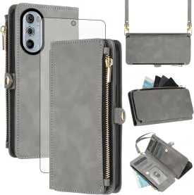 Asuwish Phone Case for Motorola Edge  Plus 2022/Edge X30/30 Pro Zipper Wallet Cell Cover with Tempered Glass Screen Protector Crossbody Strap Flip Credit Card Holder Slot Moto Edge   5G UW Women Gray