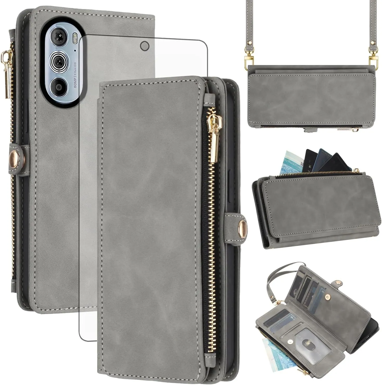 Asuwish Phone Case for Motorola Edge  Plus 2022/Edge X30/30 Pro Zipper Wallet Cell Cover with Tempered Glass Screen Protector Crossbody Strap Flip Credit Card Holder Slot Moto Edge   5G UW Women Gray