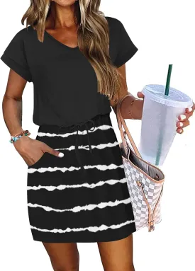 AUSELILY Women's Summer Dress 2025 Short Sleeve Tshirt Drawstring Waist Beach Cover up Casual Mini Short Dresses