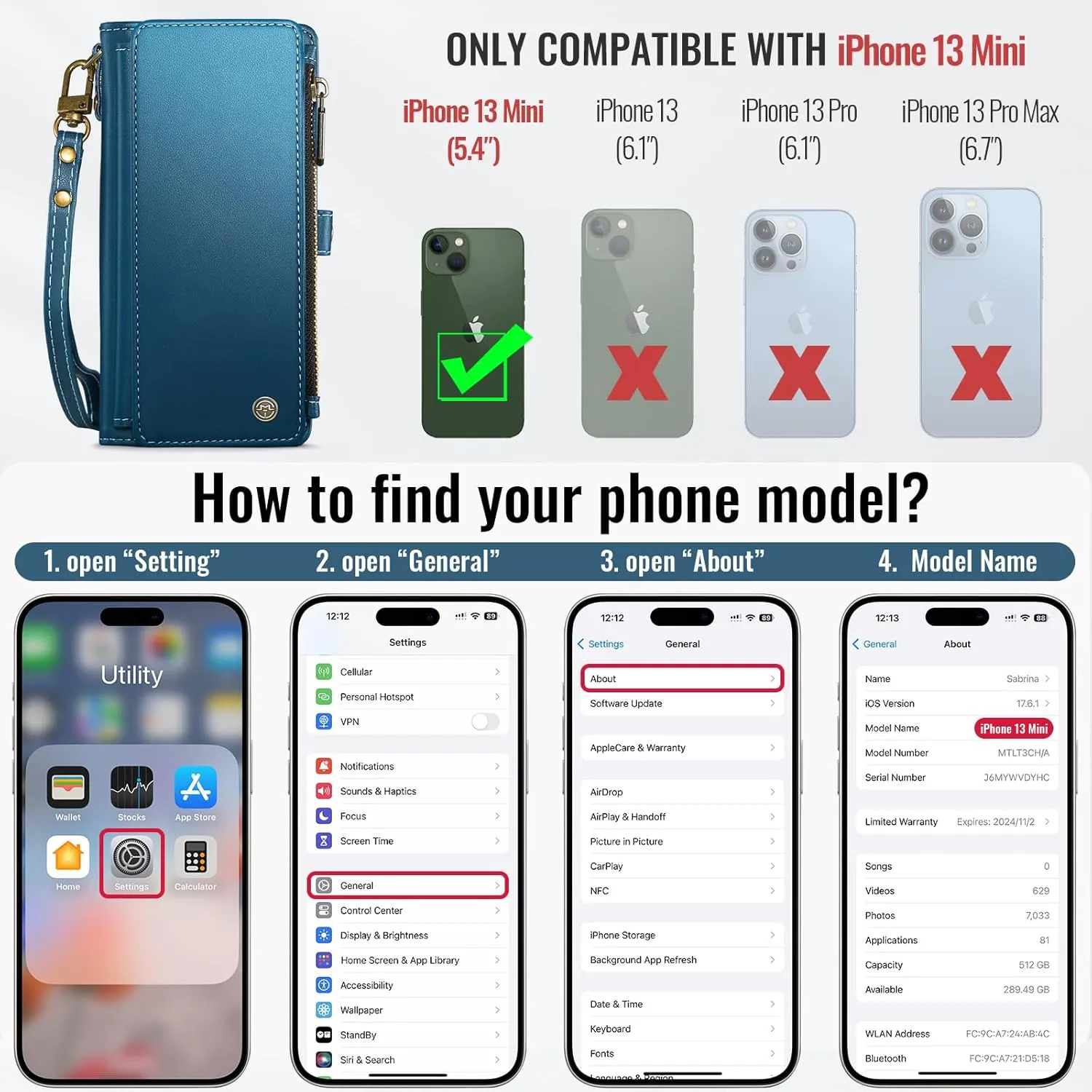 Defencase Compatible with iPhone 13 Mini Case Wallet with RFID Blocking Card Holder for Women Men, PU Leather Magnetic Snap Flip Zipper Strap Wallet Phone Case Fit for iPhone 13 Mini 5.4", Dark Blue
