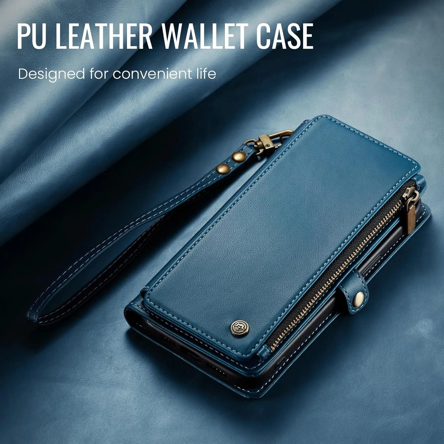 Defencase Compatible with iPhone 13 Mini Case Wallet with RFID Blocking Card Holder for Women Men, PU Leather Magnetic Snap Flip Zipper Strap Wallet Phone Case Fit for iPhone 13 Mini 5.4", Dark Blue