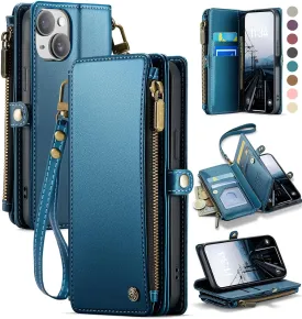 Defencase Compatible with iPhone 13 Mini Case Wallet with RFID Blocking Card Holder for Women Men, PU Leather Magnetic Snap Flip Zipper Strap Wallet Phone Case Fit for iPhone 13 Mini 5.4", Dark Blue