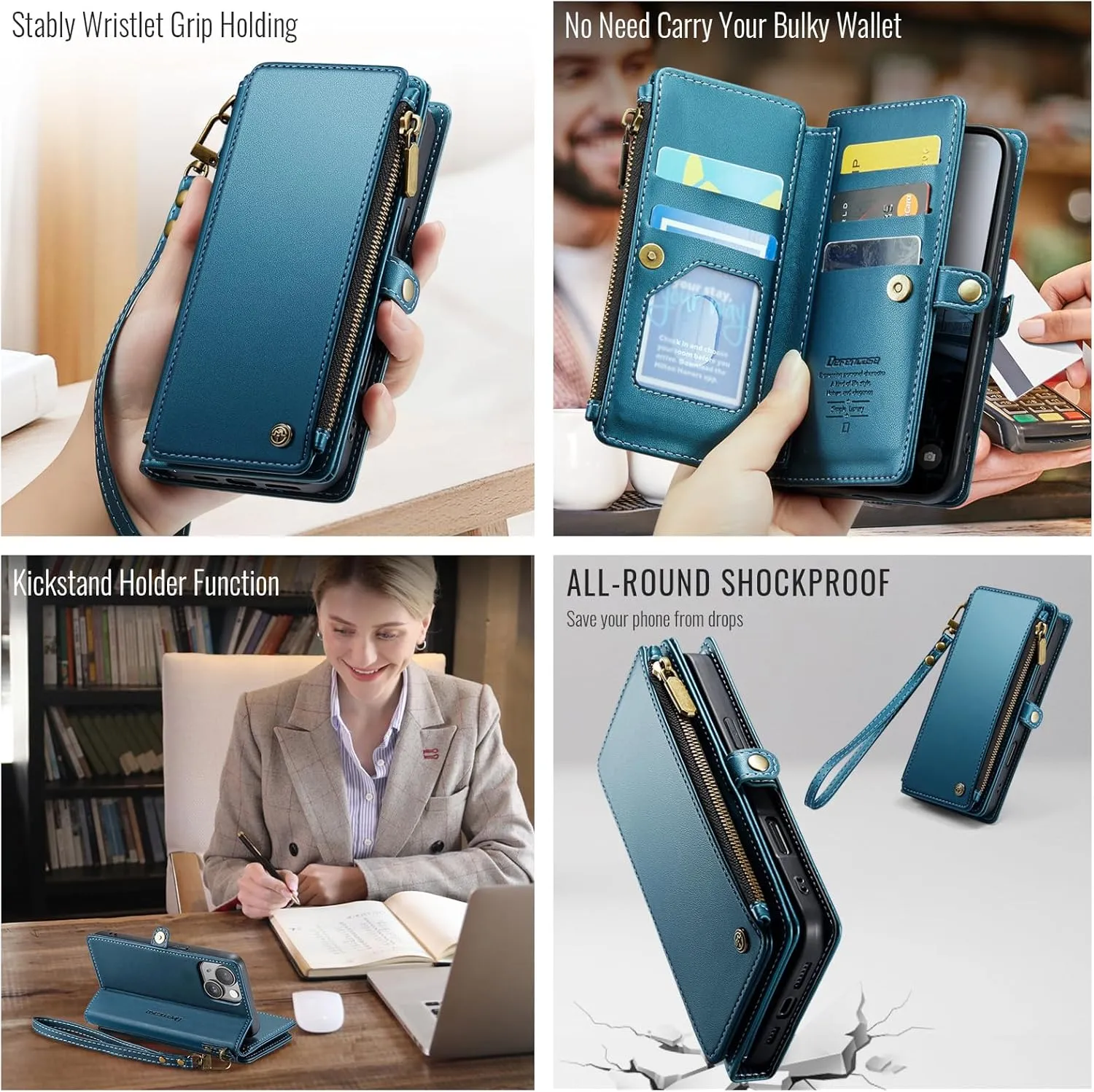 Defencase Compatible with iPhone 13 Mini Case Wallet with RFID Blocking Card Holder for Women Men, PU Leather Magnetic Snap Flip Zipper Strap Wallet Phone Case Fit for iPhone 13 Mini 5.4", Dark Blue