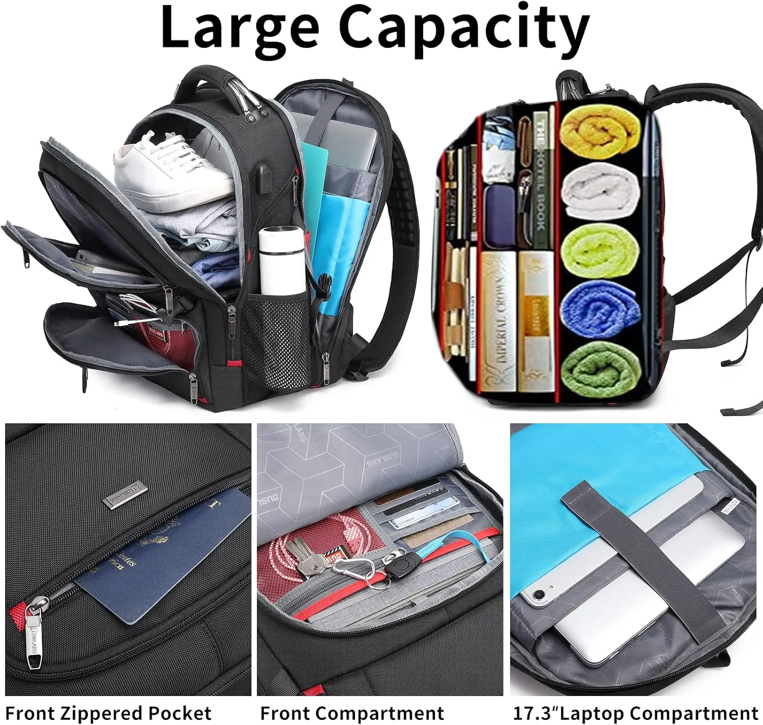 DUSLANG 50L Travel Laptop Backpack for Men Women, Extra Large Heavy Duty Big Carry on Backpack for Weekend Airline Approved Fits 17 Inch Computer, Black