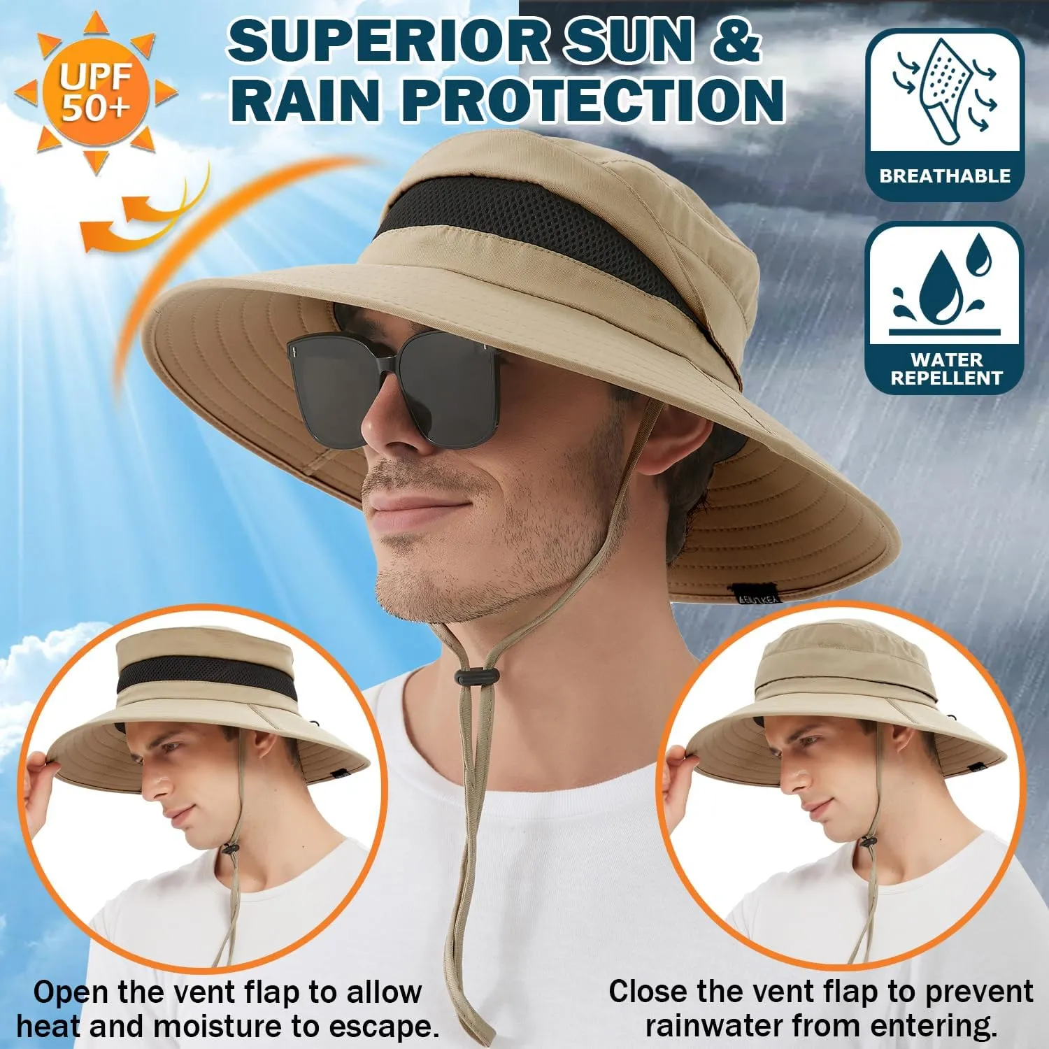 EINSKEY Waterproof Sun Hat for Men Women, UPF 50  UV Protection Wide Brim Packable Hat for Fishing Hiking Garden Safari Beach