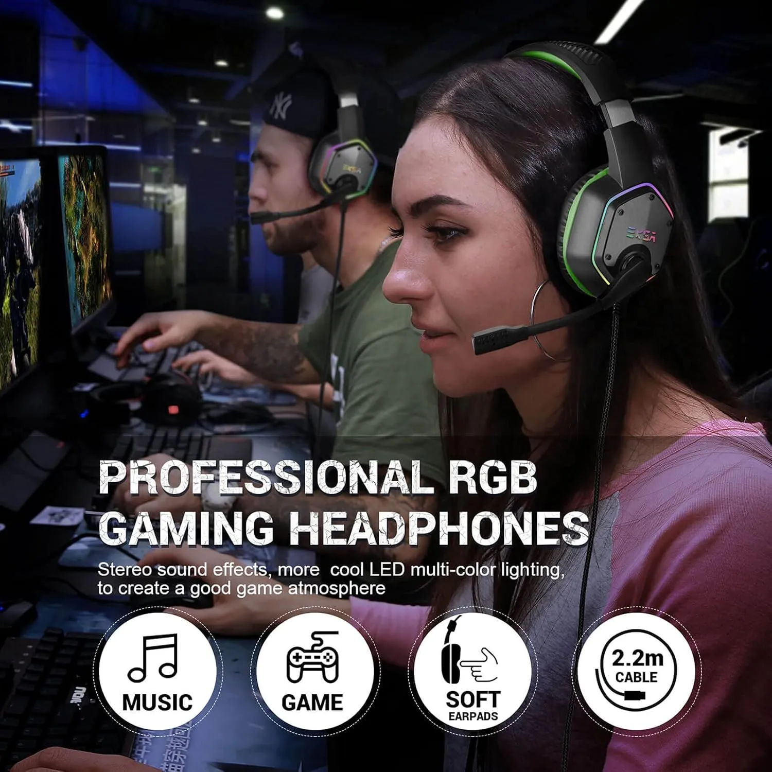 EKSA E1000 Gaming Headset, Computer Headphones with Noise Canceling Mic & RGB Light, Compatible with PC, PS4, PS5, Laptop