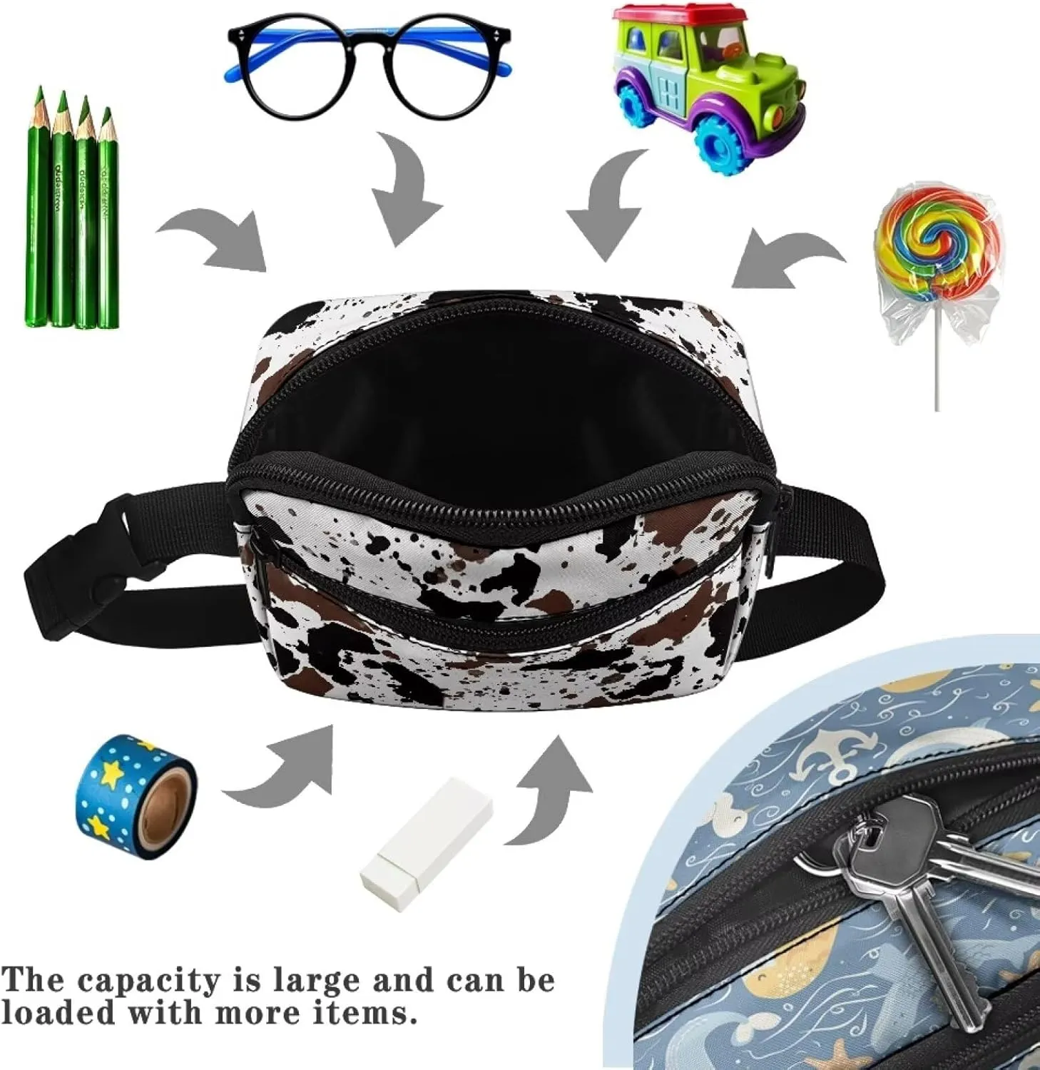 FOR U DESIGNS Fanny Packs for Kids Cow Print Cute Waist Pack Girls Belt Bag with Adjustable Strap for Running Hiking Travel Workout Gym Crossbody Bag