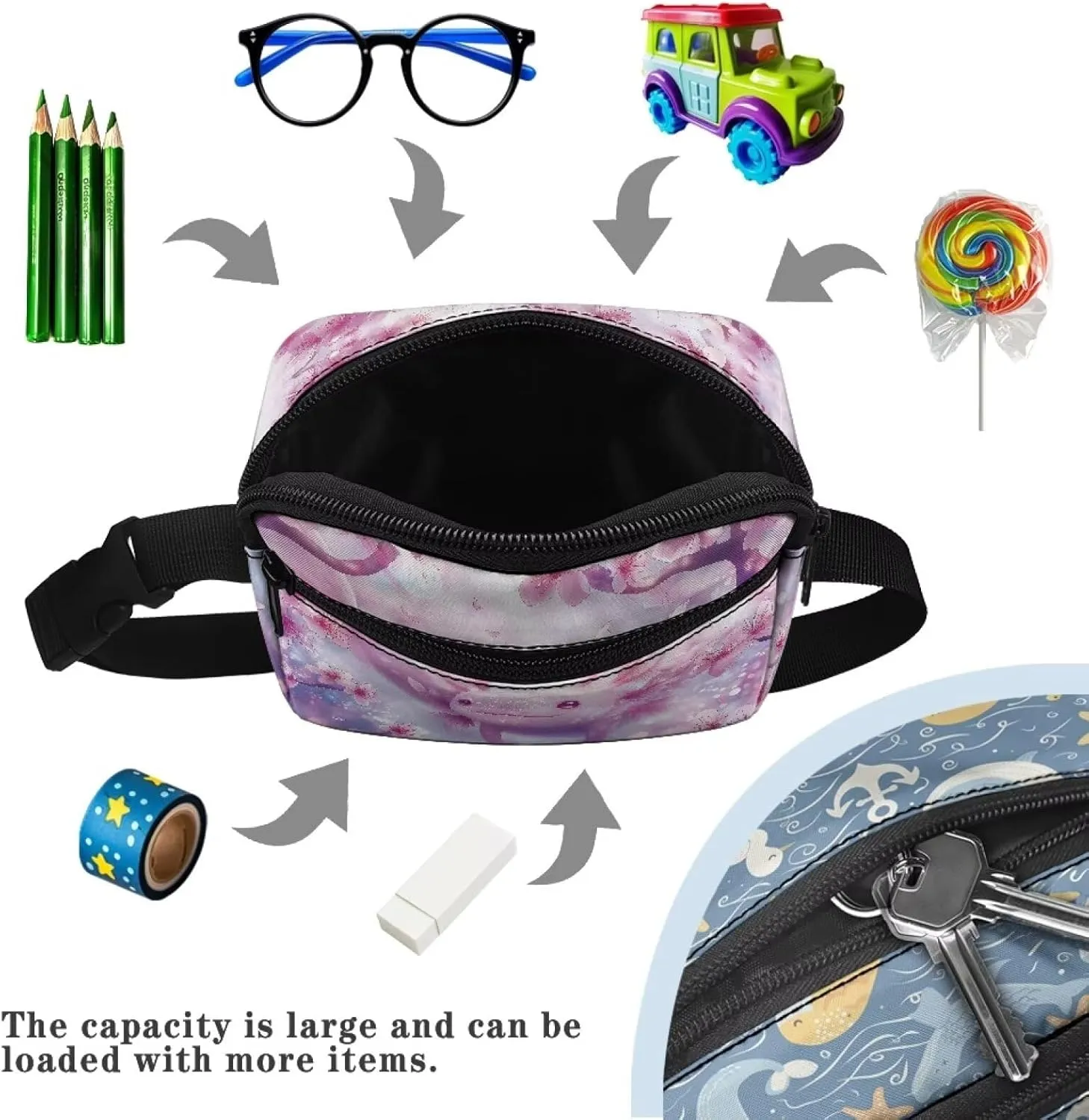FOR U DESIGNS Girls Fanny Pack Purses Pink Fashion Waist Packs Axolotl Print Belt Bag with Adjustable Strap Zipper Pockets Cross Body Bag