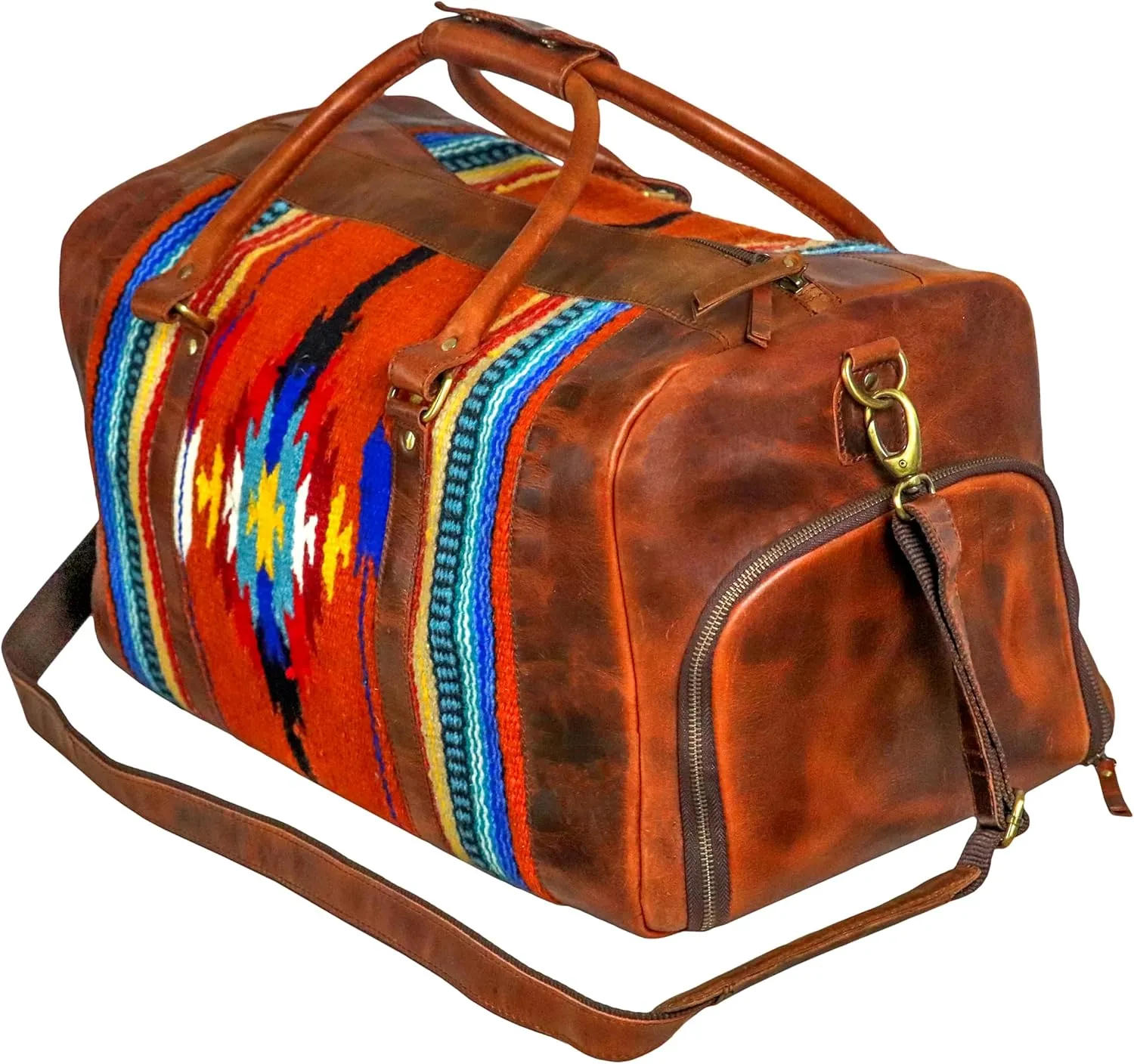 Handmade Premium Duffle Bag leather heavy duty Gym Sports Airplane Overnight Luggage Carry On Unisex Travel Hand woven Rug Bag Wollen Bag Gift for His/Her (RUG DUFFLE BAG STYLE_01)