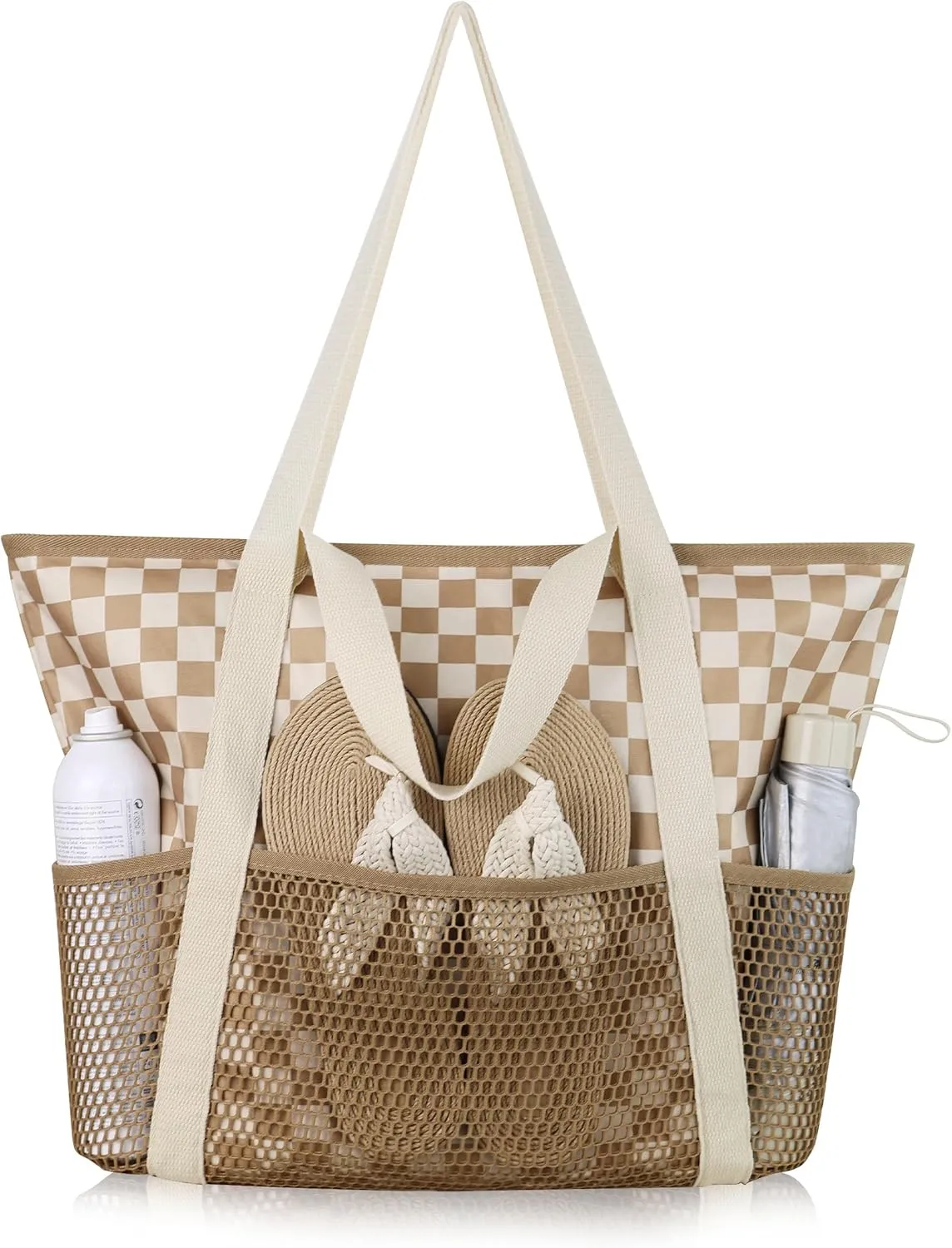 HOMESPON Beach Bag Large Waterproof Sandproof Foldable Tote for Women with Zipper Mesh Pockets for Pool Swim Travel Everyday