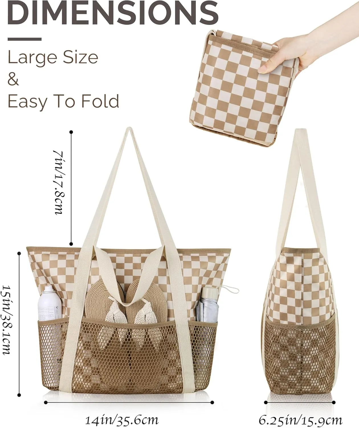 HOMESPON Beach Bag Large Waterproof Sandproof Foldable Tote for Women with Zipper Mesh Pockets for Pool Swim Travel Everyday