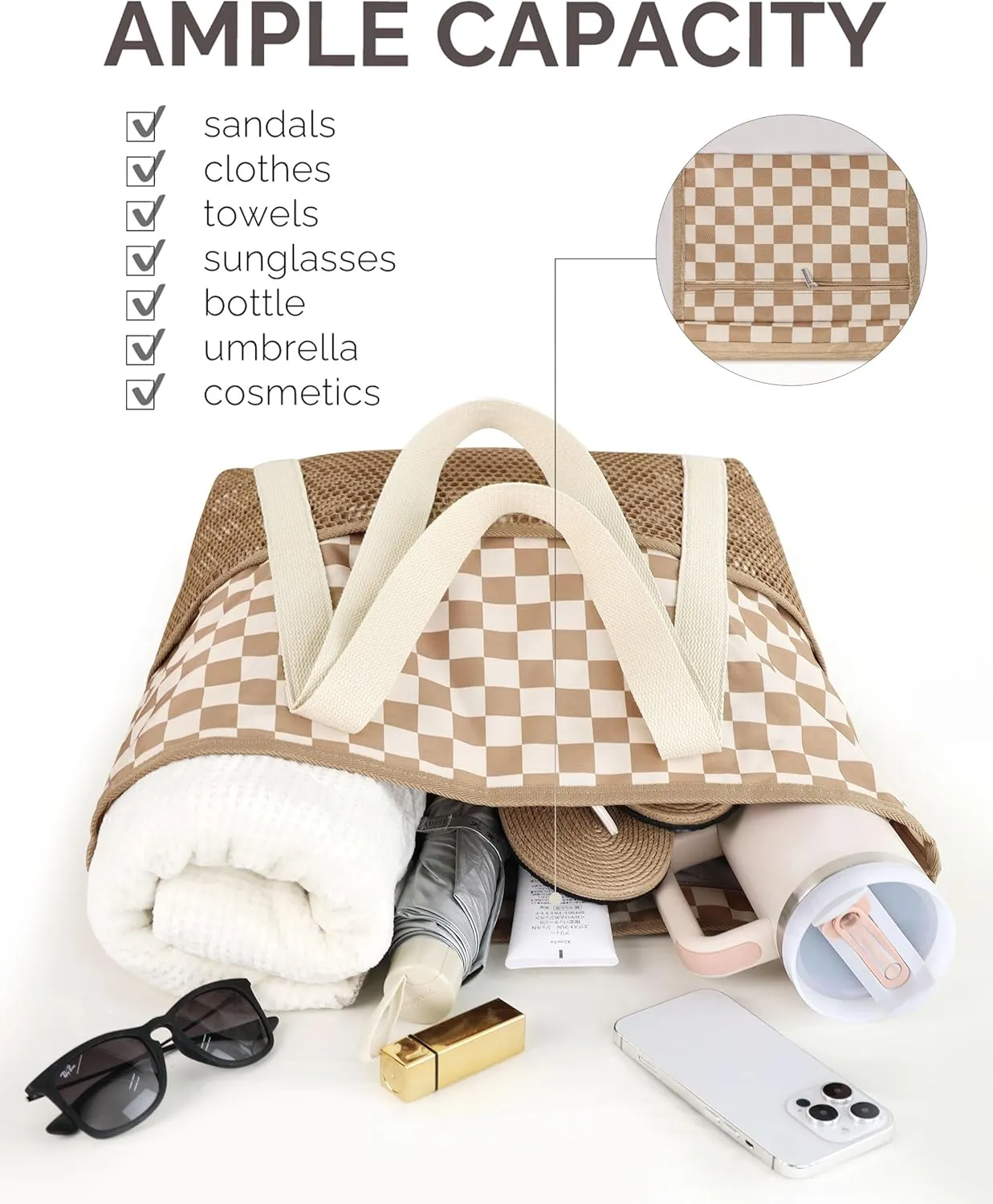 HOMESPON Beach Bag Large Waterproof Sandproof Foldable Tote for Women with Zipper Mesh Pockets for Pool Swim Travel Everyday