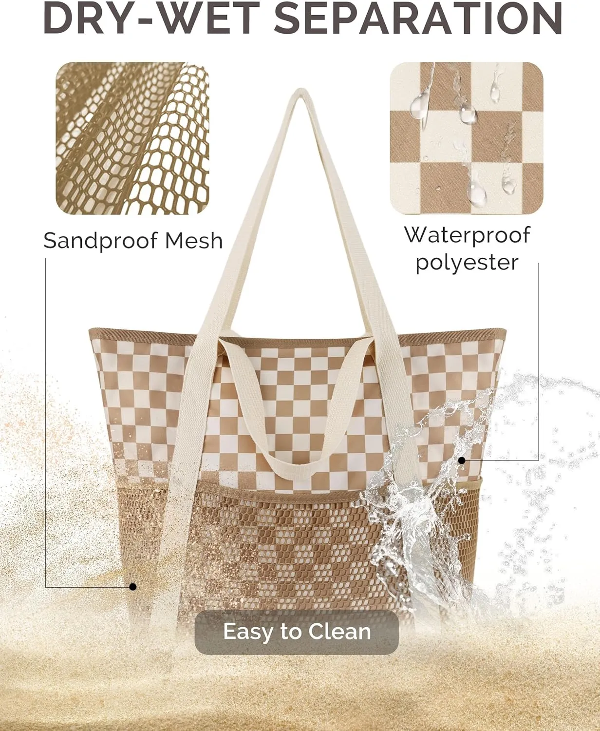 HOMESPON Beach Bag Large Waterproof Sandproof Foldable Tote for Women with Zipper Mesh Pockets for Pool Swim Travel Everyday
