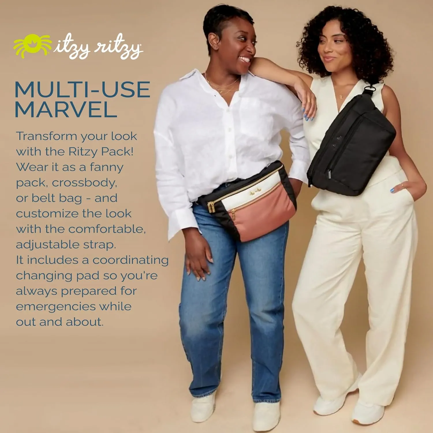 Itzy Ritzy Adjustable Strap-Wear as a Crossbody, Belt Shoulder Bag, Coffee & Cream, Small