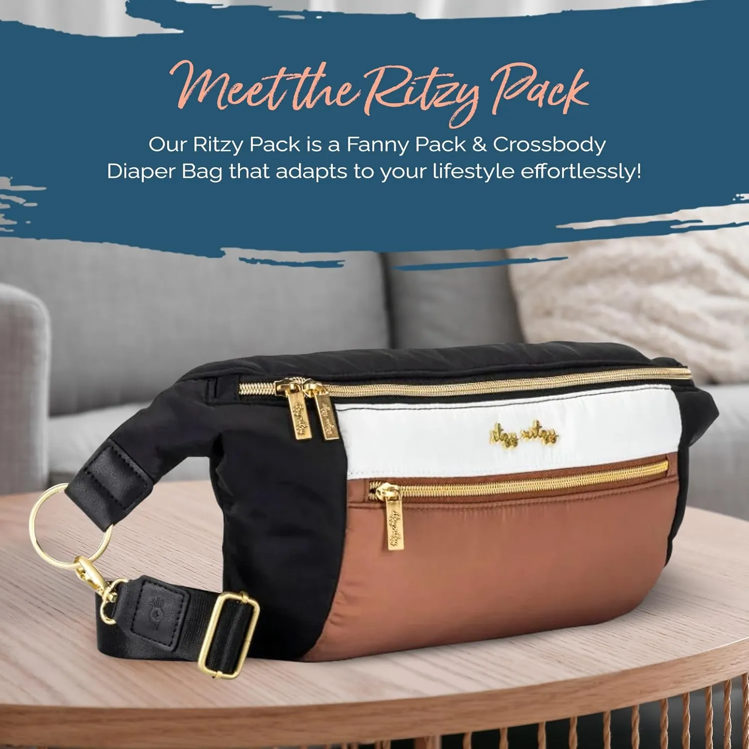 Itzy Ritzy Adjustable Strap-Wear as a Crossbody, Belt Shoulder Bag, Coffee & Cream, Small