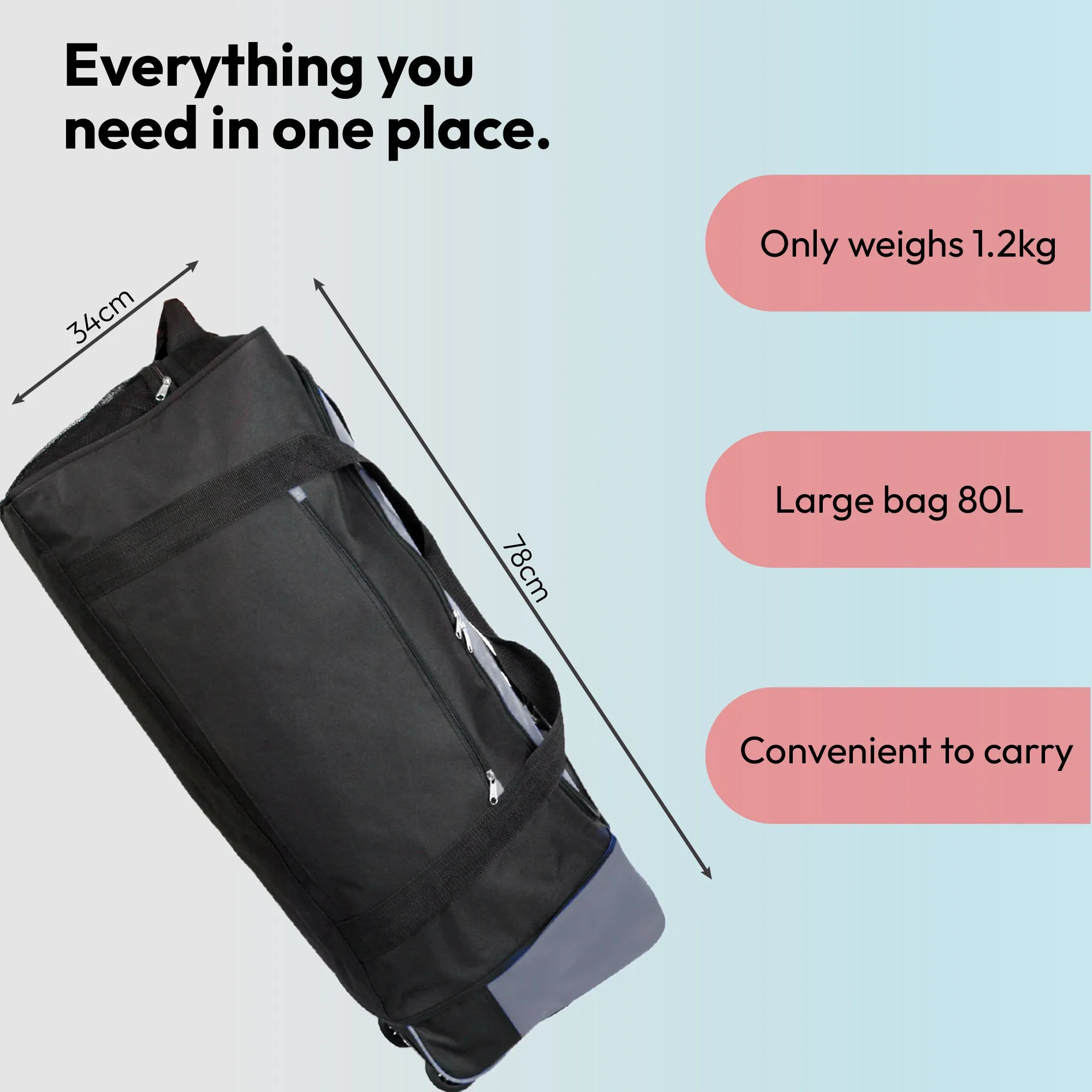Large Travel Bag With Wheels (Grey) - iN Travel
