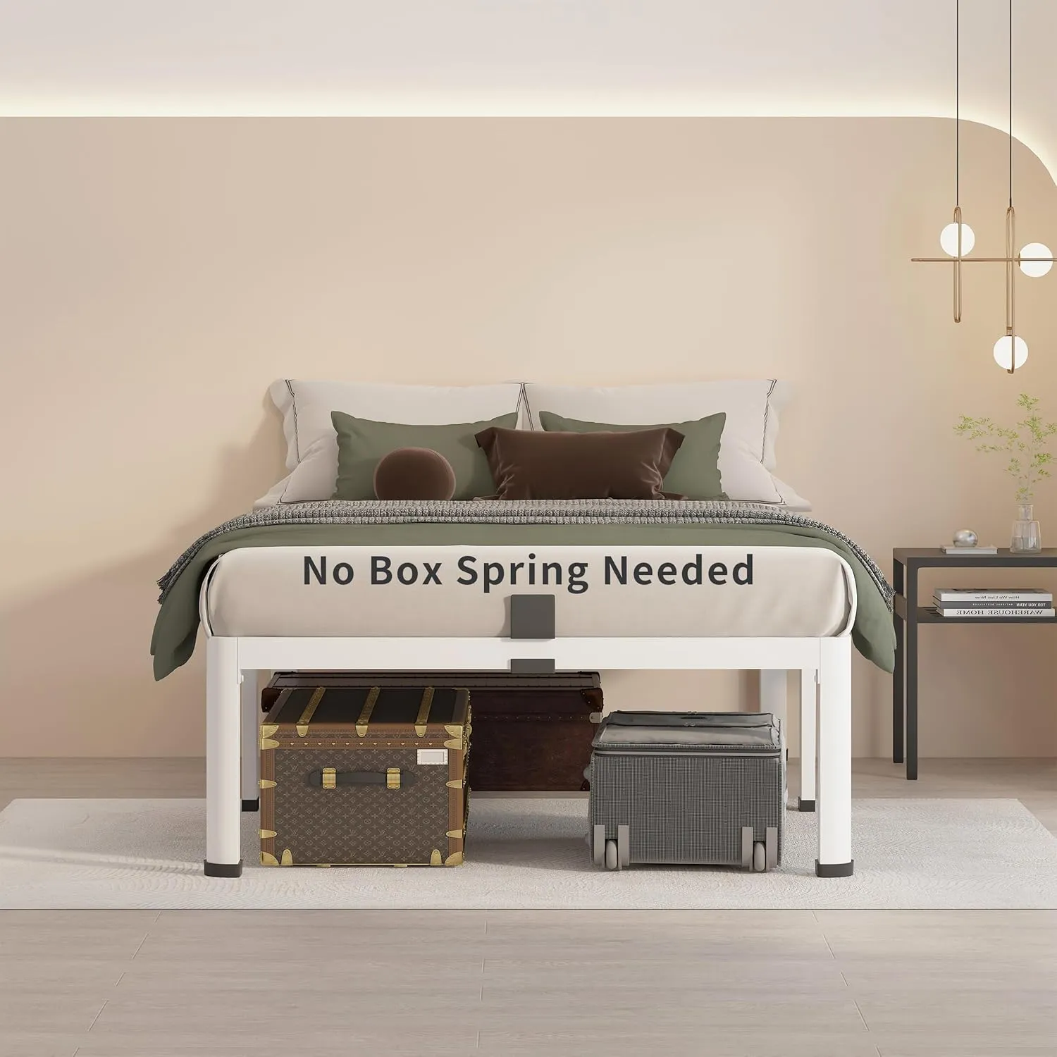 MAF 18 Inch Twin Bed Frames White with Round Corner Legs Mattress Slide Stopper No Box Spring Needed Heavy Duty Metal Platform Bed Frame Under-Bed Storage Space, 3000 LBS Steel Slats Support