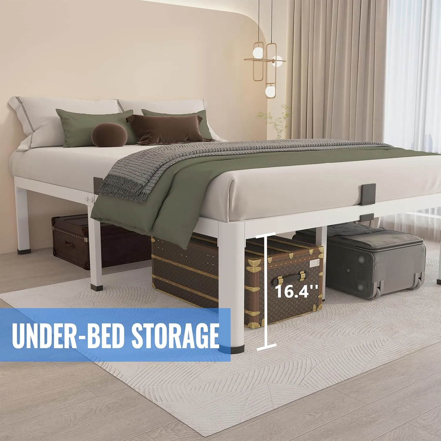 MAF 18 Inch Twin Bed Frames White with Round Corner Legs Mattress Slide Stopper No Box Spring Needed Heavy Duty Metal Platform Bed Frame Under-Bed Storage Space, 3000 LBS Steel Slats Support