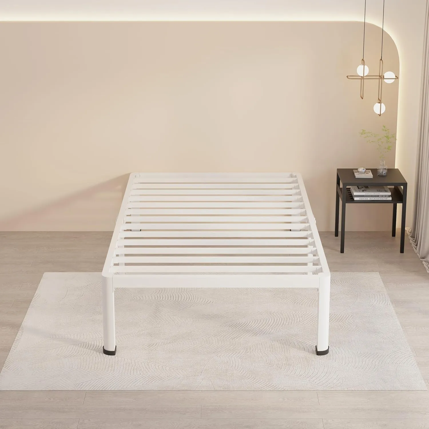 MAF 18 Inch Twin Bed Frames White with Round Corner Legs Mattress Slide Stopper No Box Spring Needed Heavy Duty Metal Platform Bed Frame Under-Bed Storage Space, 3000 LBS Steel Slats Support