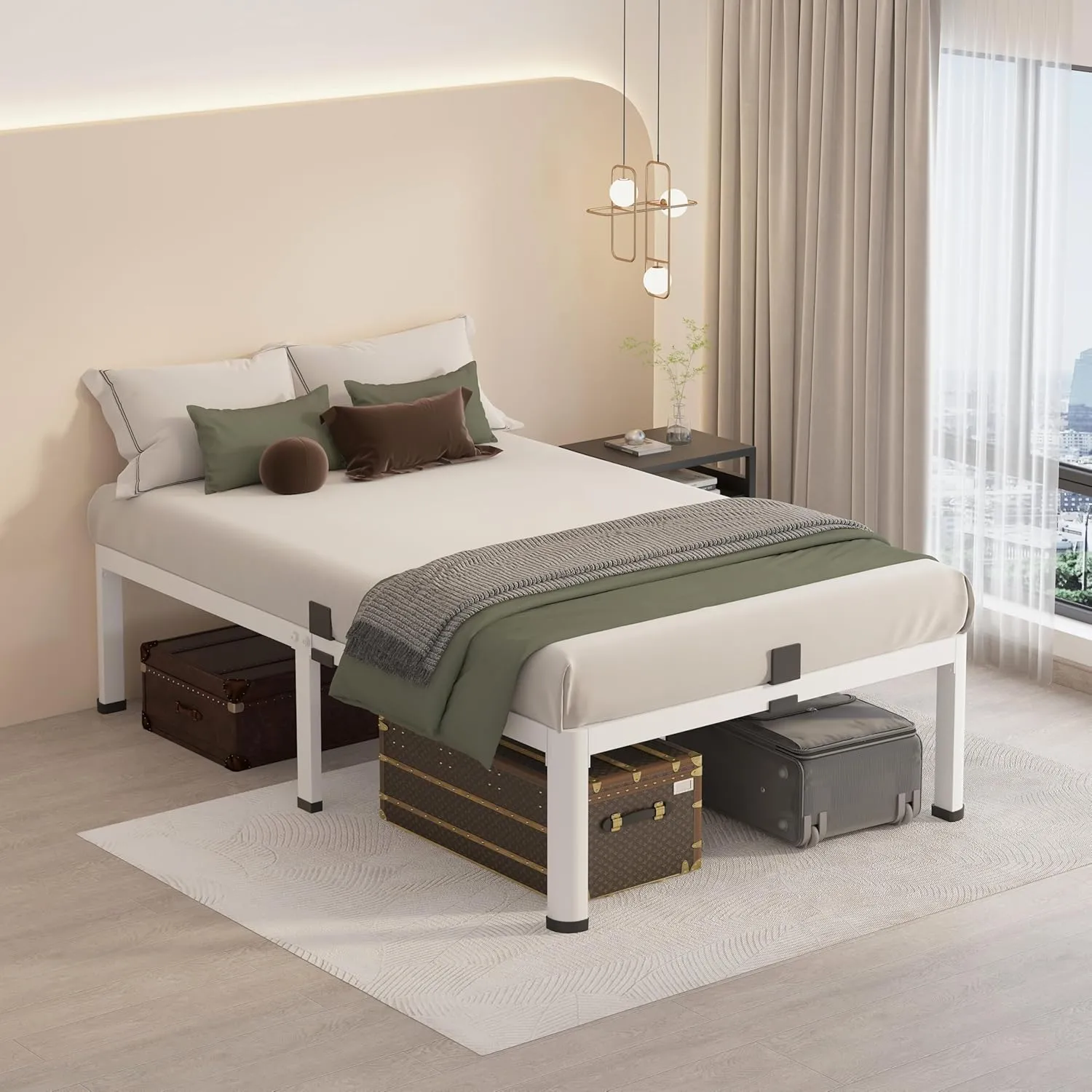 MAF 18 Inch Twin Bed Frames White with Round Corner Legs Mattress Slide Stopper No Box Spring Needed Heavy Duty Metal Platform Bed Frame Under-Bed Storage Space, 3000 LBS Steel Slats Support