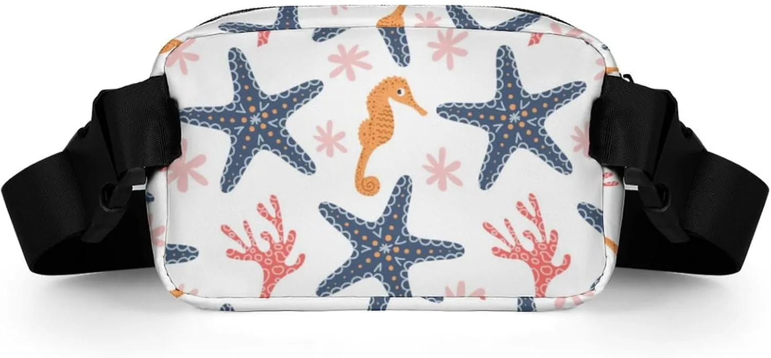 Marine Starfish Belt Bag Fanny Pack for Women Men Seahorse Corals Crossbody Waist Bag Pack Adjustable Casual Bag for Travel Running Workout Cycling