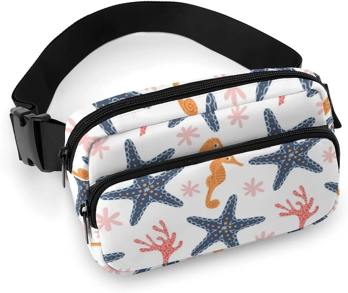 Marine Starfish Belt Bag Fanny Pack for Women Men Seahorse Corals Crossbody Waist Bag Pack Adjustable Casual Bag for Travel Running Workout Cycling