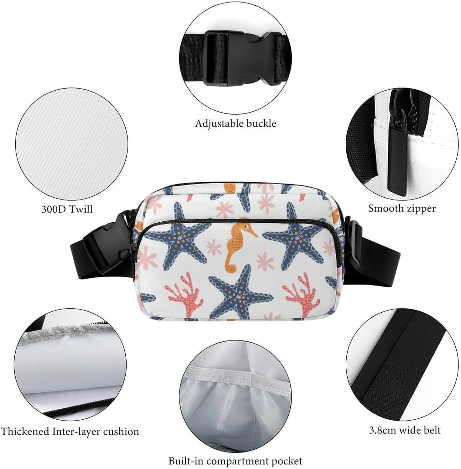 Marine Starfish Belt Bag Fanny Pack for Women Men Seahorse Corals Crossbody Waist Bag Pack Adjustable Casual Bag for Travel Running Workout Cycling