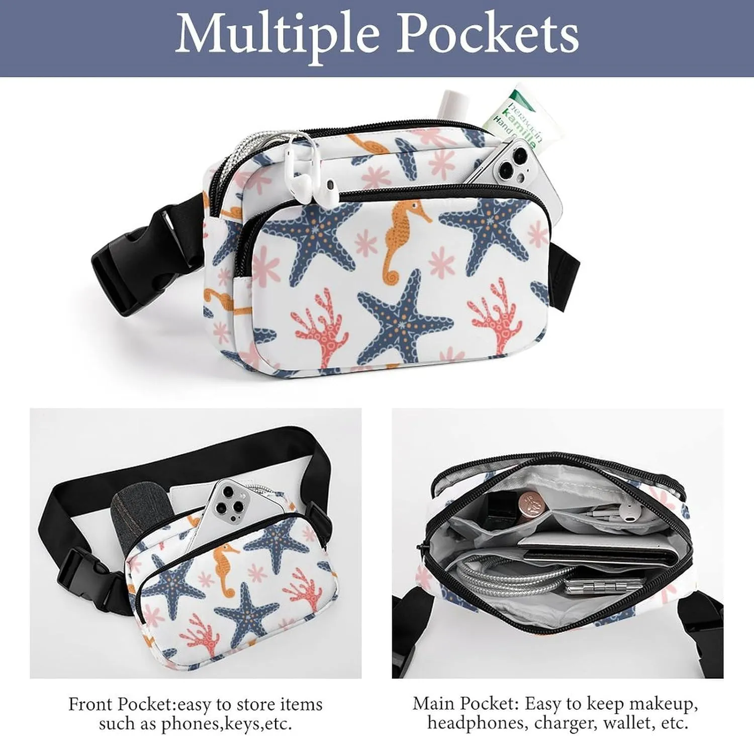 Marine Starfish Belt Bag Fanny Pack for Women Men Seahorse Corals Crossbody Waist Bag Pack Adjustable Casual Bag for Travel Running Workout Cycling