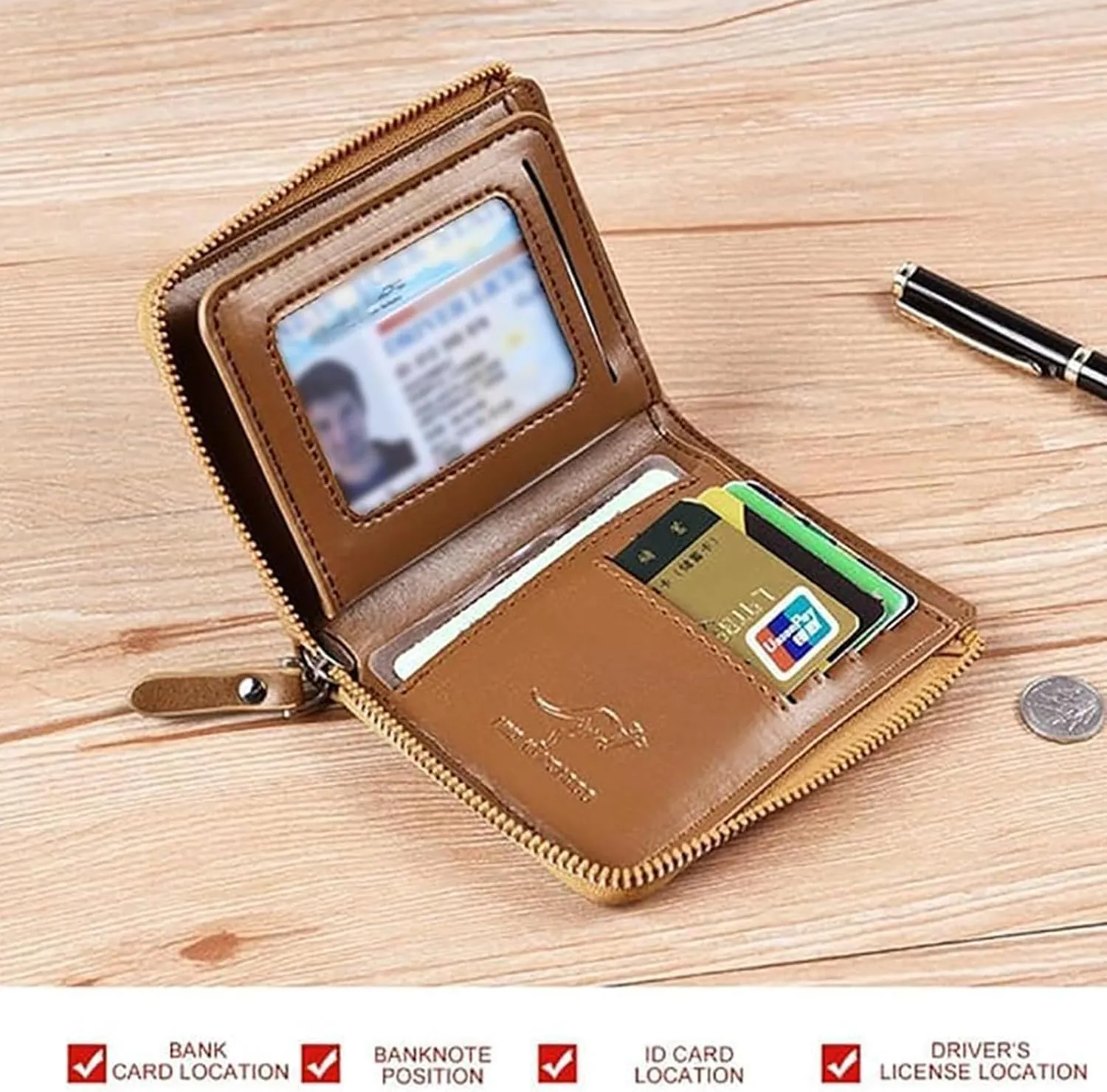 Men Wallet Zipper Purse - Aiks Kangaroo Wallets, RFID Blocking Leather Wallet Credit Card ID Holder Zipper Purse Waterproof (Retro Brown)