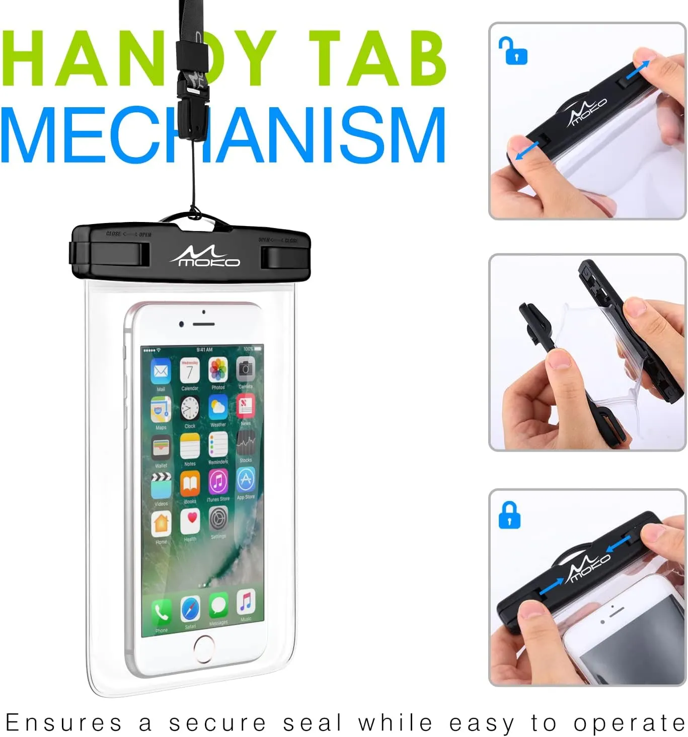 MoKo Waterproof Phone Pouch [3 Pack], Underwater Clear Phone Case Dry Bag with Lanyard Compatible with iPhone 13 Mini/12/11 Pro Max, X/Xr/Xs, SE 3/2, Samsung S21/S9, Note 10, Indigo Army Green Black