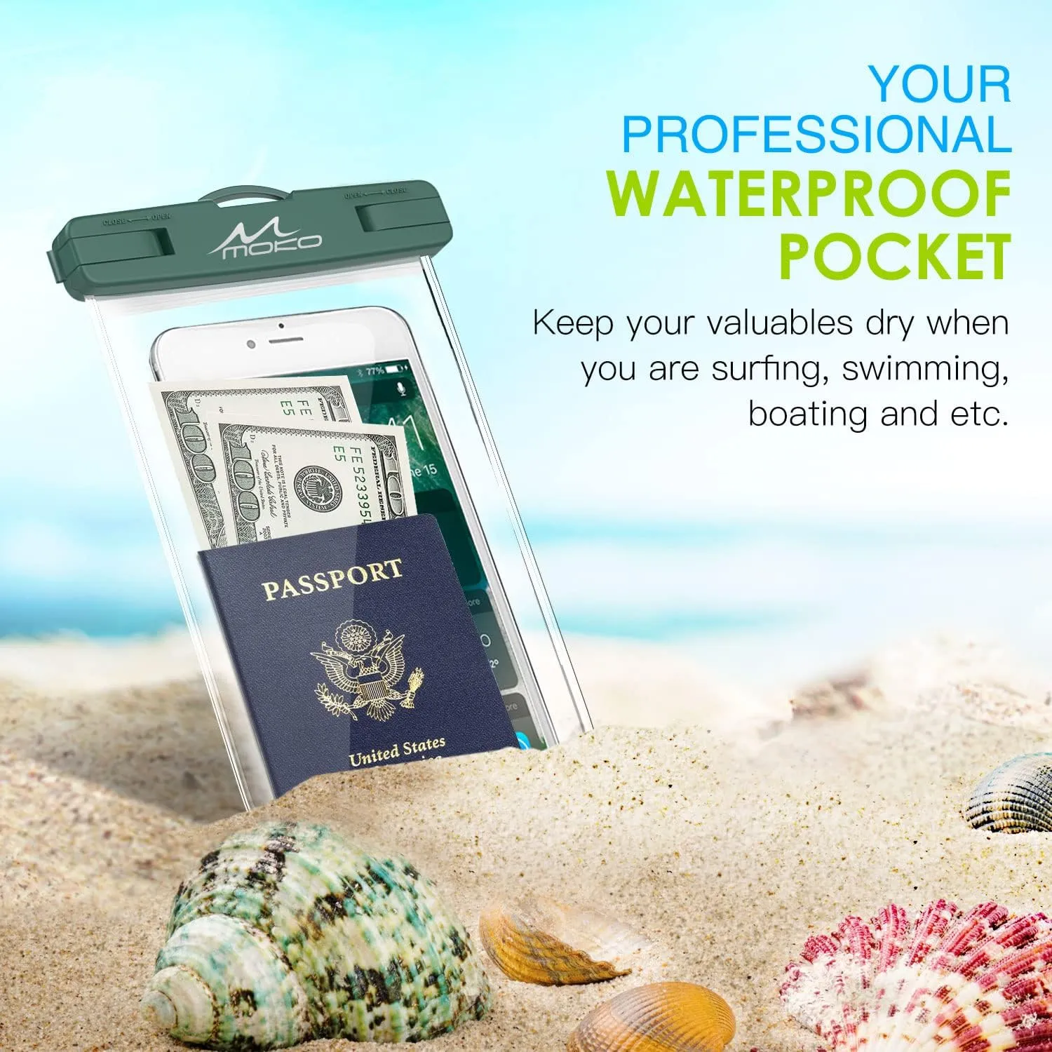 MoKo Waterproof Phone Pouch [3 Pack], Underwater Clear Phone Case Dry Bag with Lanyard Compatible with iPhone 13 Mini/12/11 Pro Max, X/Xr/Xs, SE 3/2, Samsung S21/S9, Note 10, Indigo Army Green Black