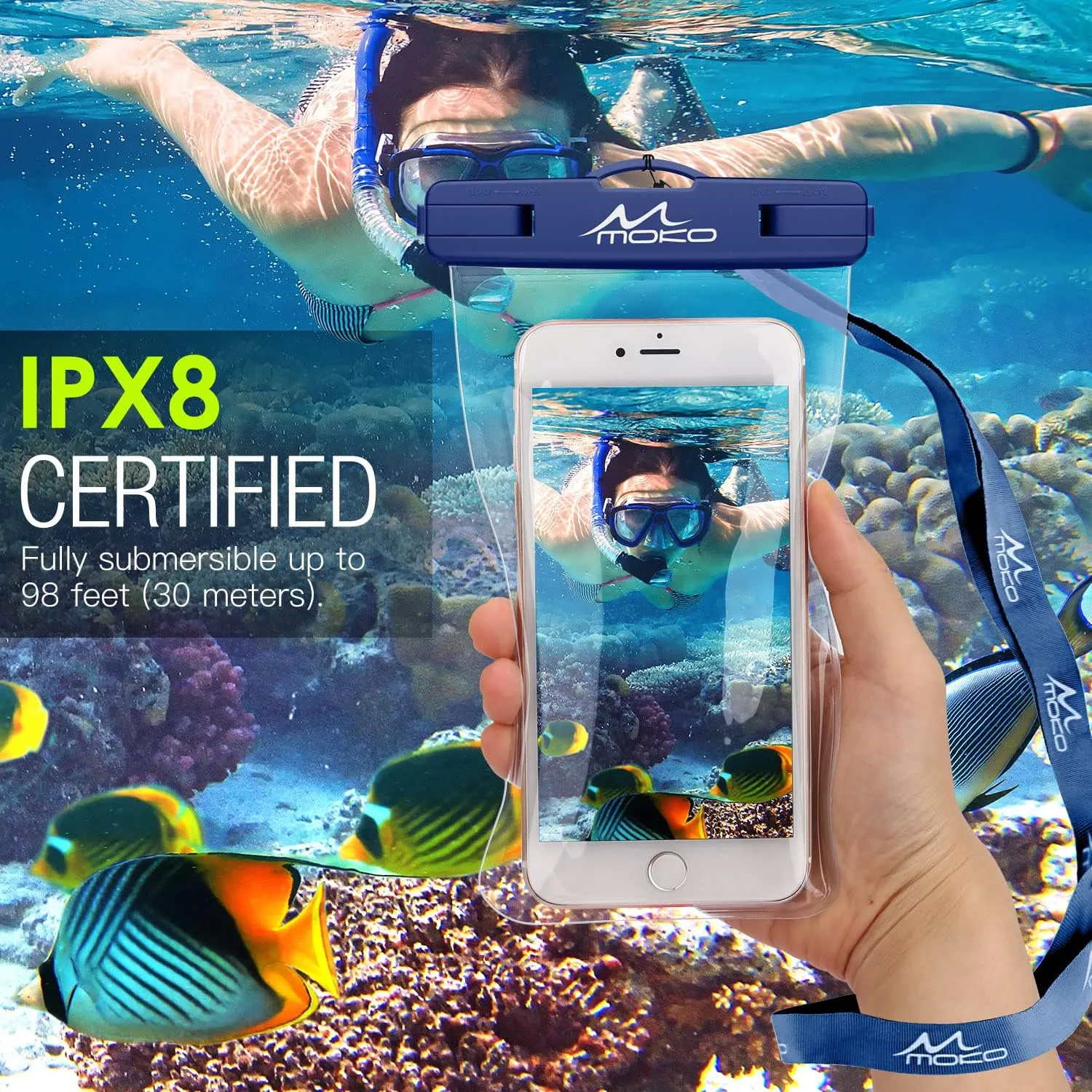 MoKo Waterproof Phone Pouch [3 Pack], Underwater Clear Phone Case Dry Bag with Lanyard Compatible with iPhone 13 Mini/12/11 Pro Max, X/Xr/Xs, SE 3/2, Samsung S21/S9, Note 10, Indigo Army Green Black