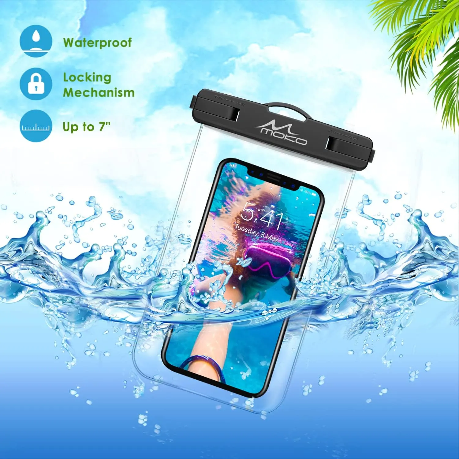 MoKo Waterproof Phone Pouch [3 Pack], Underwater Clear Phone Case Dry Bag with Lanyard Compatible with iPhone 13 Mini/12/11 Pro Max, X/Xr/Xs, SE 3/2, Samsung S21/S9, Note 10, Indigo Army Green Black