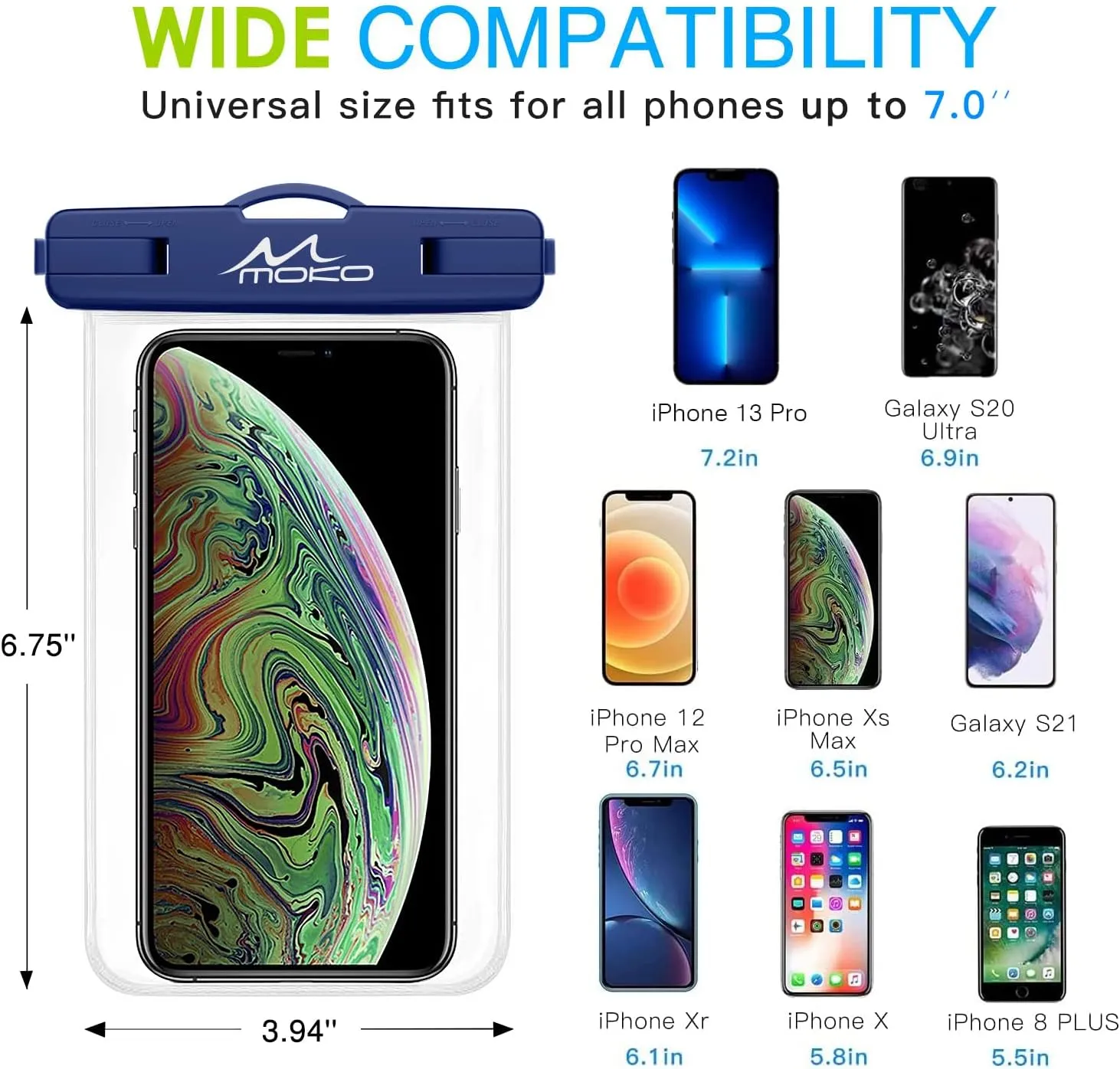 MoKo Waterproof Phone Pouch [3 Pack], Underwater Clear Phone Case Dry Bag with Lanyard Compatible with iPhone 13 Mini/12/11 Pro Max, X/Xr/Xs, SE 3/2, Samsung S21/S9, Note 10, Indigo Army Green Black