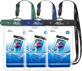 MoKo Waterproof Phone Pouch [3 Pack], Underwater Clear Phone Case Dry Bag with Lanyard Compatible with iPhone 13 Mini/12/11 Pro Max, X/Xr/Xs, SE 3/2, Samsung S21/S9, Note 10, Indigo Army Green Black