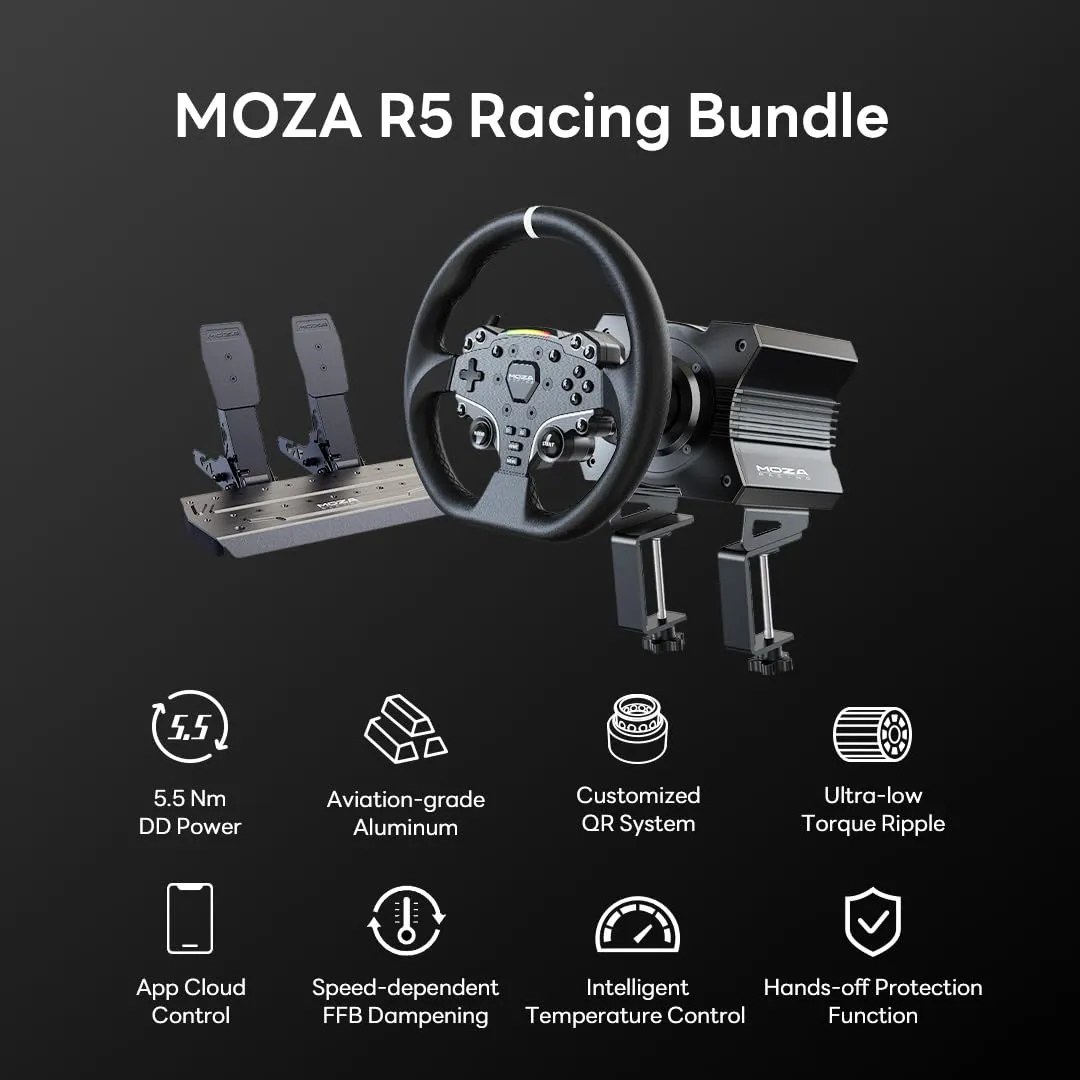 MOZA R5 All-in-One PC Gaming Racing Simulator 4PCS Bundle: 5.5Nm Direct Drive Wheel Base, 11-inch Racing Wheel, Anti-Slip Pedals and a Desk Clamp, Cloud-based App Control