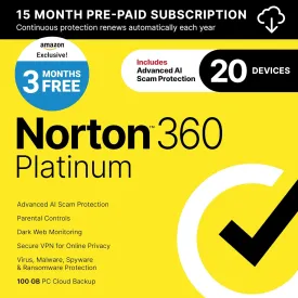 Norton 360 Platinum 2025, Antivirus software for 20 Devices with Auto-Renewal  3 Months FREE - Includes Advanced AI Scam Protection, VPN, Dark Web Monitoring & PC Cloud Backup [Download]
