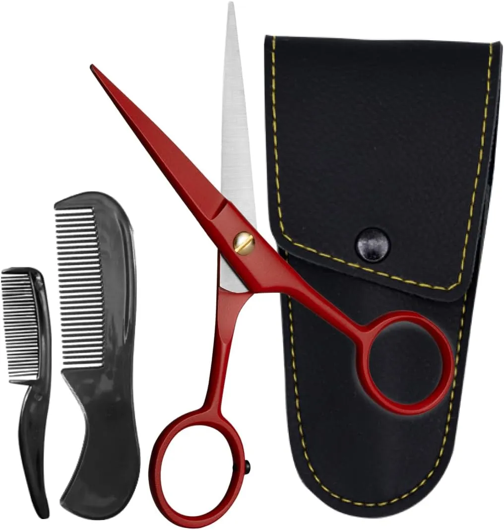Ontaki 5" Professional German Beard & Mustache Scissors with 2 Comb & Carrying Pouch for Men - Bevel Edge for Precision - Facial Hair Grooming Kit - Mustache Trimming Kit - (True Red)