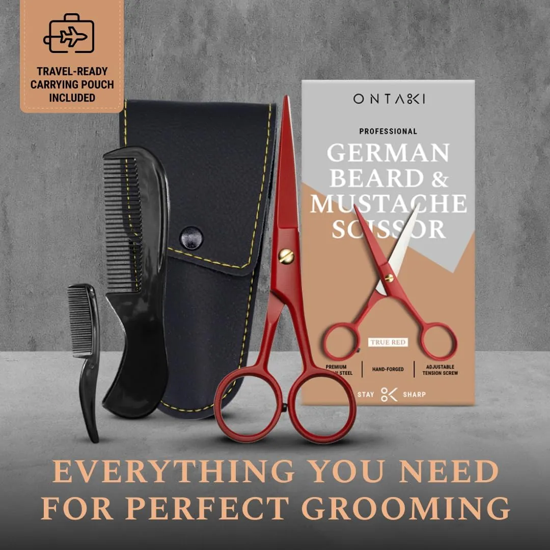 Ontaki 5" Professional German Beard & Mustache Scissors with 2 Comb & Carrying Pouch for Men - Bevel Edge for Precision - Facial Hair Grooming Kit - Mustache Trimming Kit - (True Red)