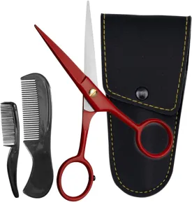 Ontaki 5" Professional German Beard & Mustache Scissors with 2 Comb & Carrying Pouch for Men - Bevel Edge for Precision - Facial Hair Grooming Kit - Mustache Trimming Kit - (True Red)