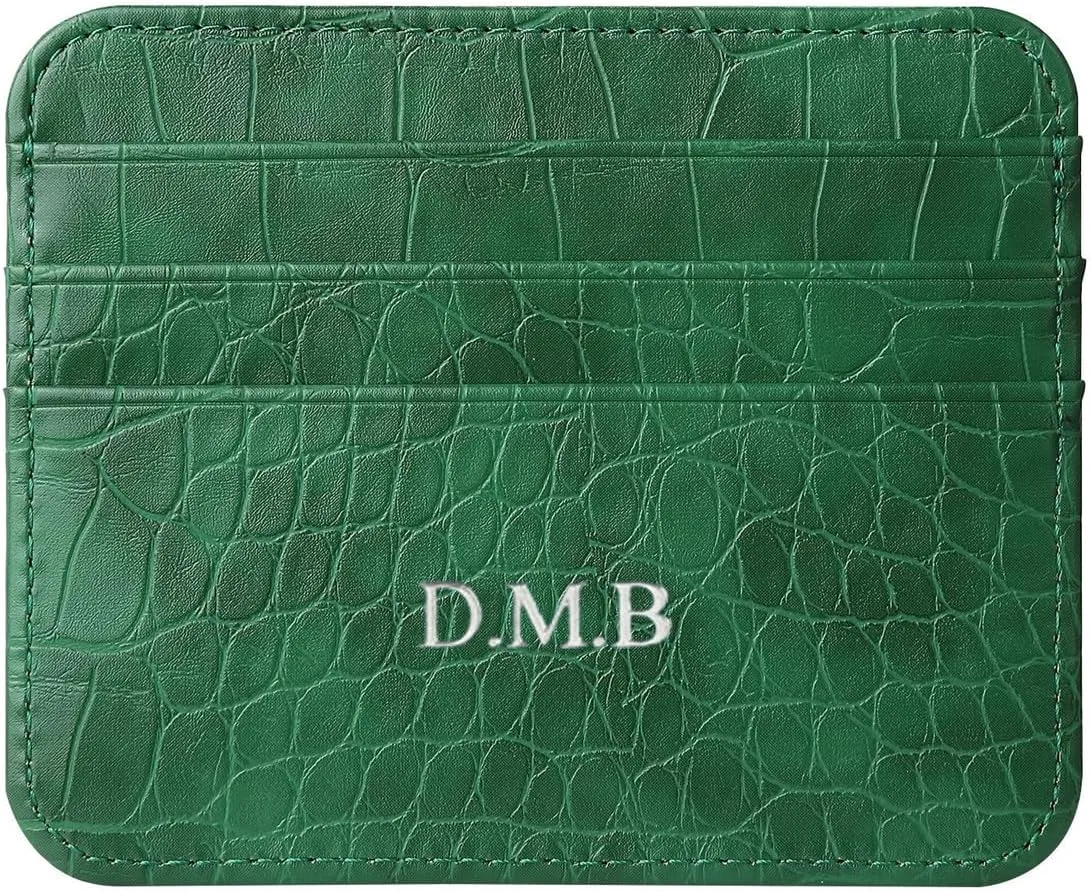 Personalisa Gold Silver Initial letters Credit Card Holder Wallet, PU Leather Ultra Slim Wallet, Thin Minimalist Credit Card Case Card Protector, Front Pocket Wallets for Men, Women (Green)