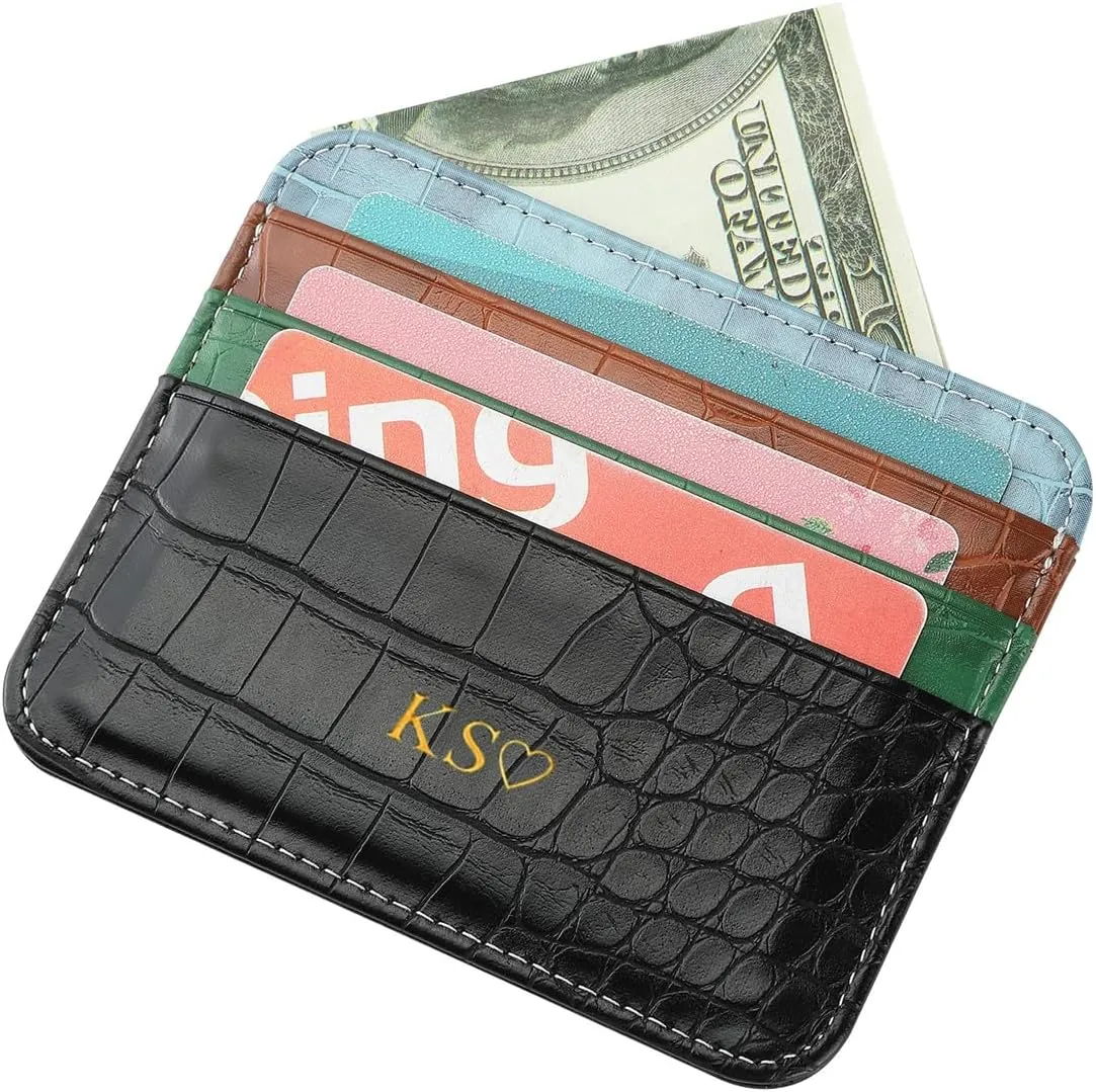 Personalisa Gold Silver Initial letters Credit Card Holder Wallet, PU Leather Ultra Slim Wallet, Thin Minimalist Credit Card Case Card Protector, Front Pocket Wallets for Men, Women (Green)