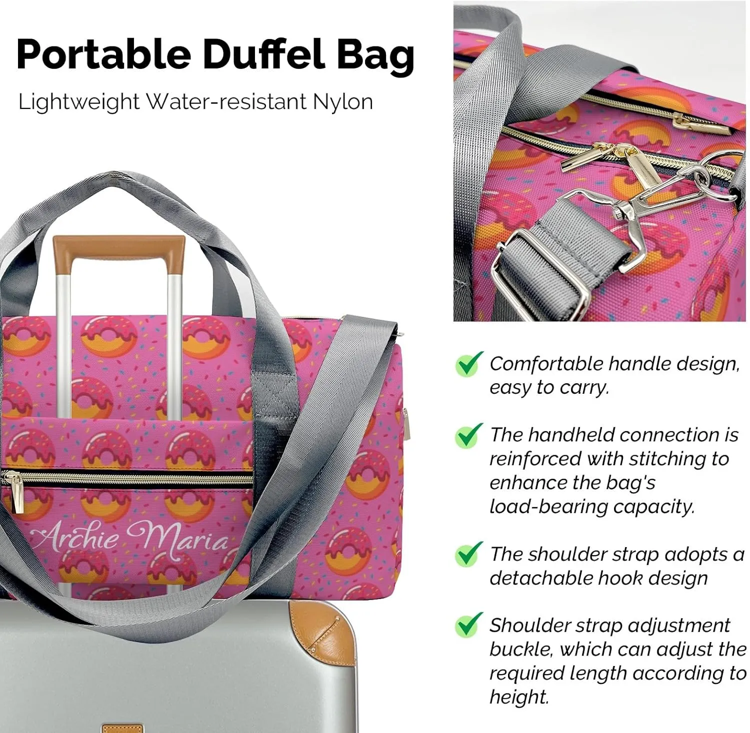 Personalized Duffel Bag Pink Donuts Customized Multi-Function Travel Bag Gym Sports Bag Dance Bag Women Men Carry On Weekend Bags
