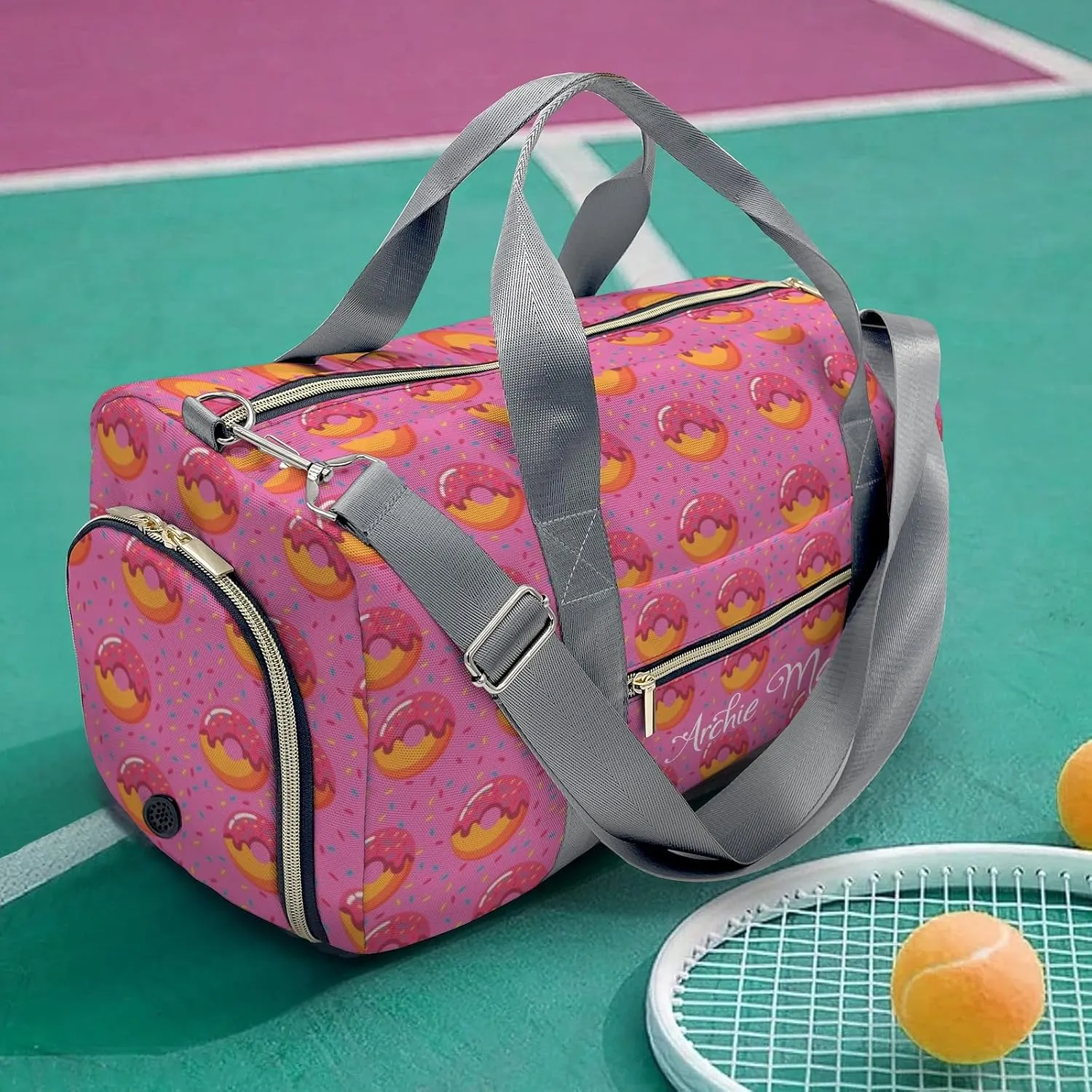 Personalized Duffel Bag Pink Donuts Customized Multi-Function Travel Bag Gym Sports Bag Dance Bag Women Men Carry On Weekend Bags
