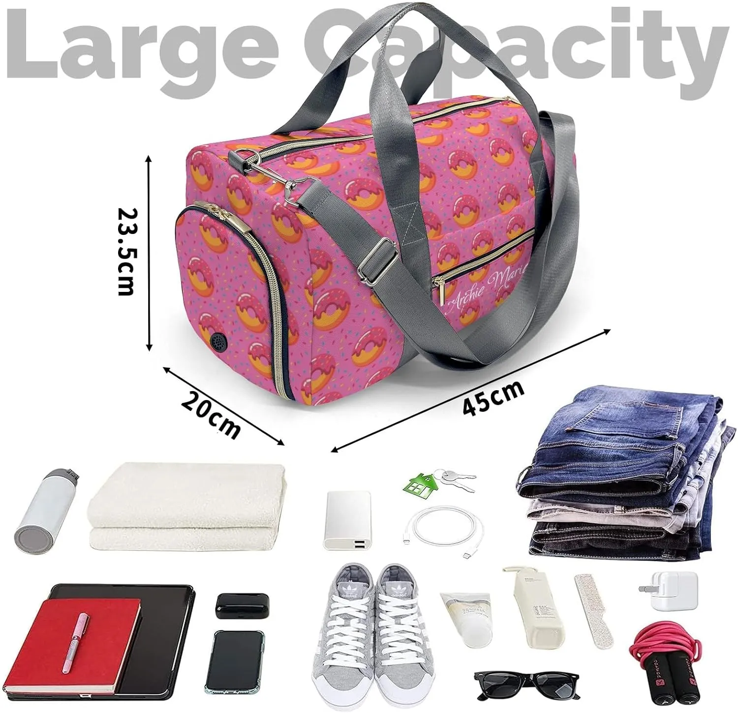 Personalized Duffel Bag Pink Donuts Customized Multi-Function Travel Bag Gym Sports Bag Dance Bag Women Men Carry On Weekend Bags